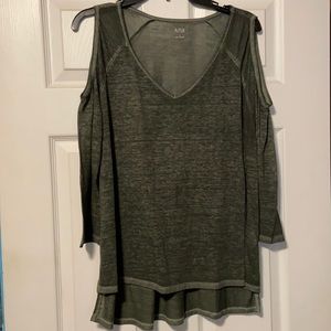 Long sleeve peek a boo shoulder in olive green.